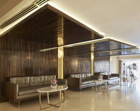 Lobby area, floor tiling,lighting,timber panels,drop celing, seating.lounge area