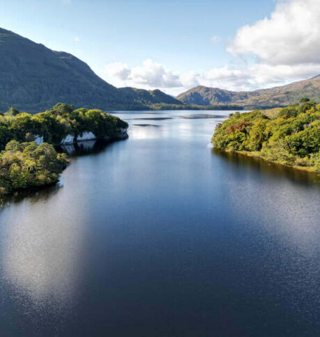 Serene lakeside view with lush green hills, reflecting tranquil atmosphere, ideal for relaxation and scenic exploration.