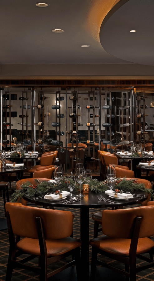 Elegant hotel dining room with festive Christmas décor, warm lighting, and comfortable seating, creating a welcoming atmosphere.