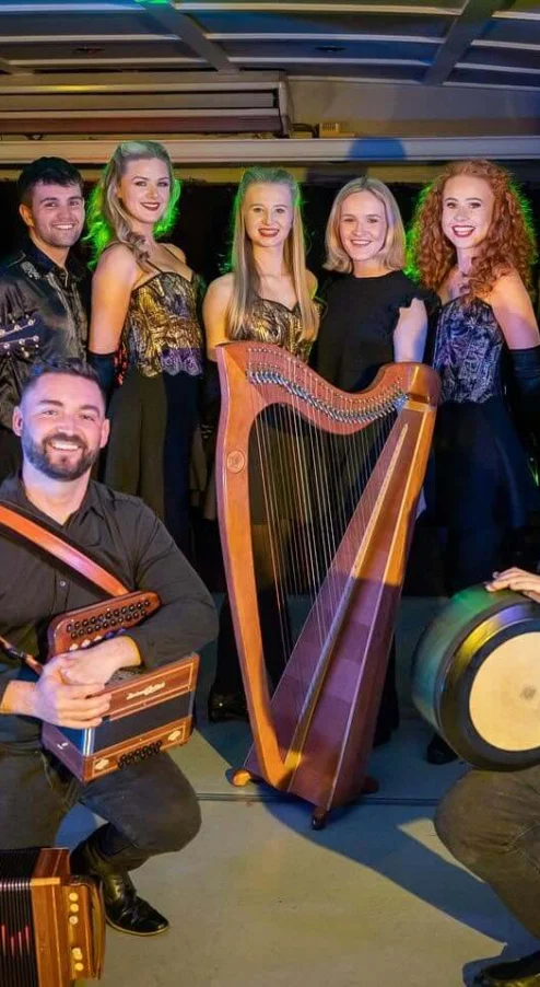 Live Irish music performance with musicians playing traditional instruments at hotel event, offering cultural entertainment.