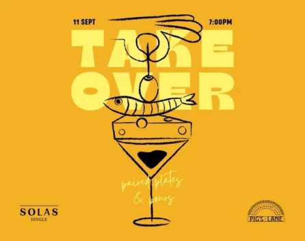 Vibrant event poster with illustrated cocktail and fish, promoting 'Pairc Plates & Pours' at Solas, Dingle, on 11 Sept at 7pm.