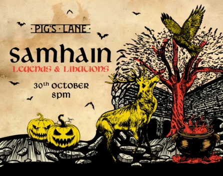 Festive Samhain poster with carved pumpkins, stag by a red tree, raven, bubbling cauldron and bats — event night, spooky hotel bar vibes